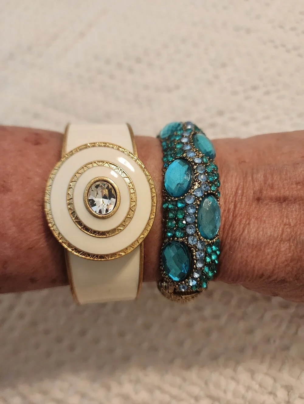 Pair Of Vintage Statement Clamper Bracelets Cream/Gold & Teal With Rhinestones